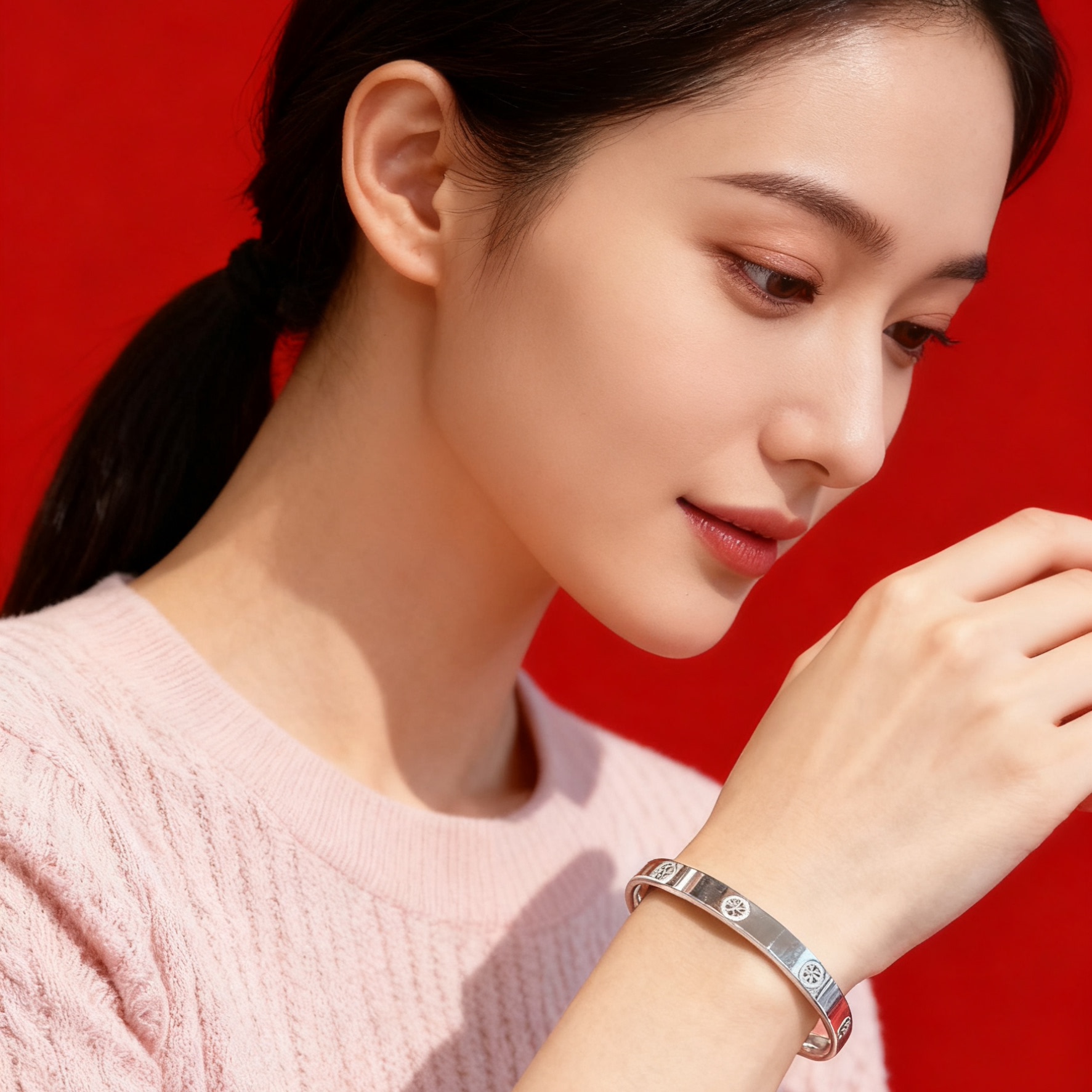 香港正生纯银9999足银手镯卡家闭口实心亮面卡卡送女友生日礼物银