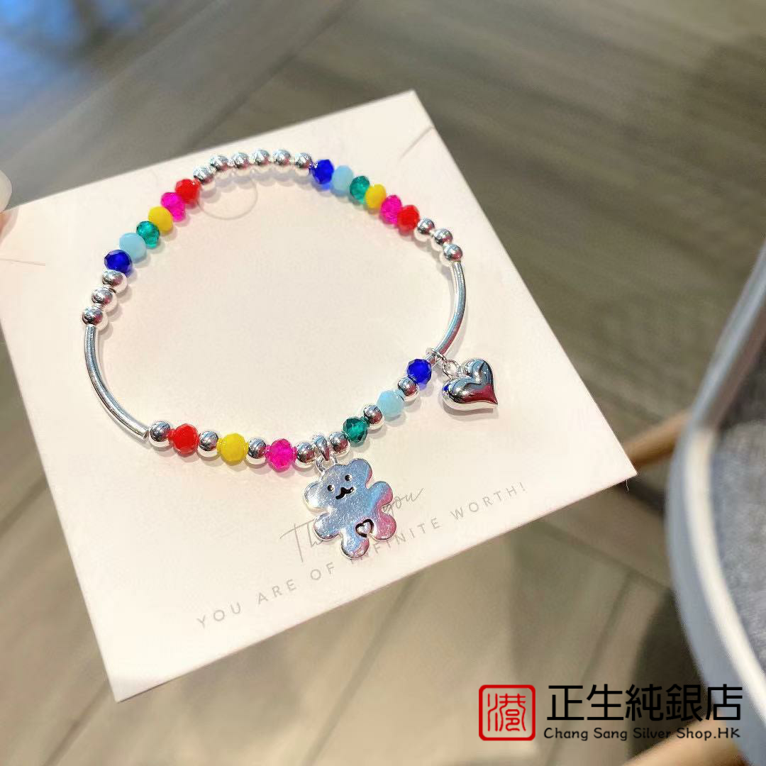 韩版925纯银饰七彩爱心小熊串珠手串手链ins小众设计diy纯银手环