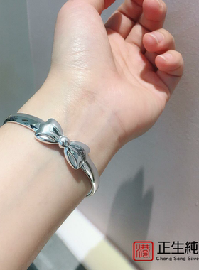 香港正生纯银S999足银新款蝴蝶结推拉女款光面磨砂古法送女友时尚