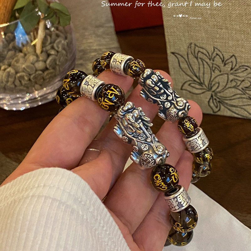 香港正生纯银999纯银情侣手链足银茶水晶男女转运珠手串手饰手工