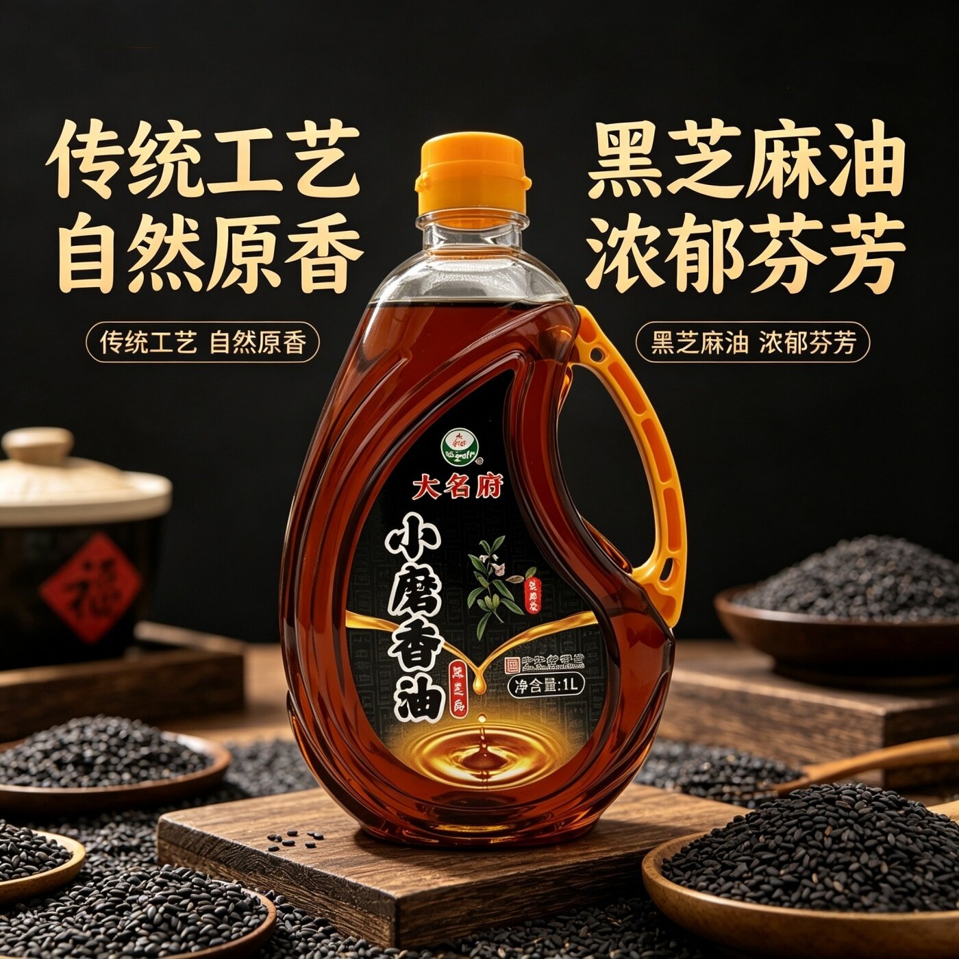 大名府香油芝麻油古法小磨黑芝麻油纯正无添加凉拌煲汤油碟调味油