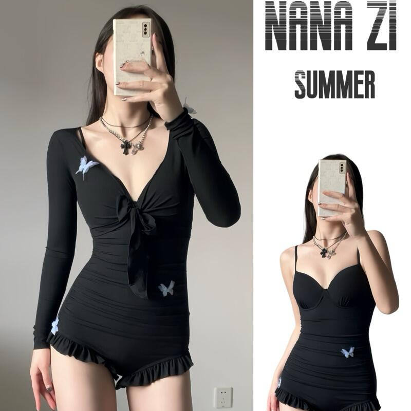 立体蝴蝶泳衣女生款连体两件套长袖纯色保守显瘦修身钢托聚拢泳衣