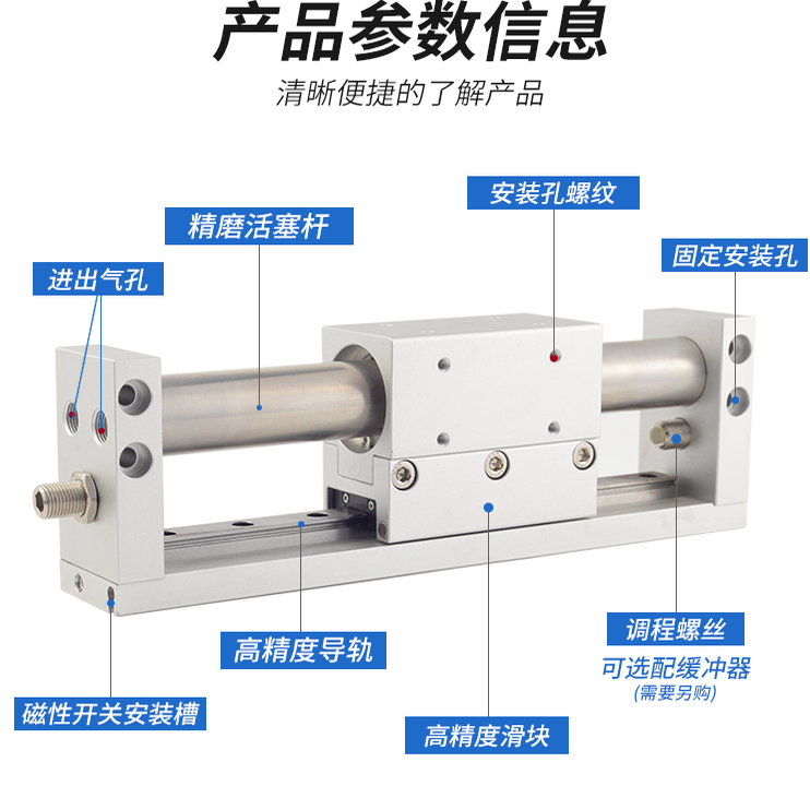 亚德客型带导轨无杆气缸RMH10X16X20X25X50X100X150X200X250X300S