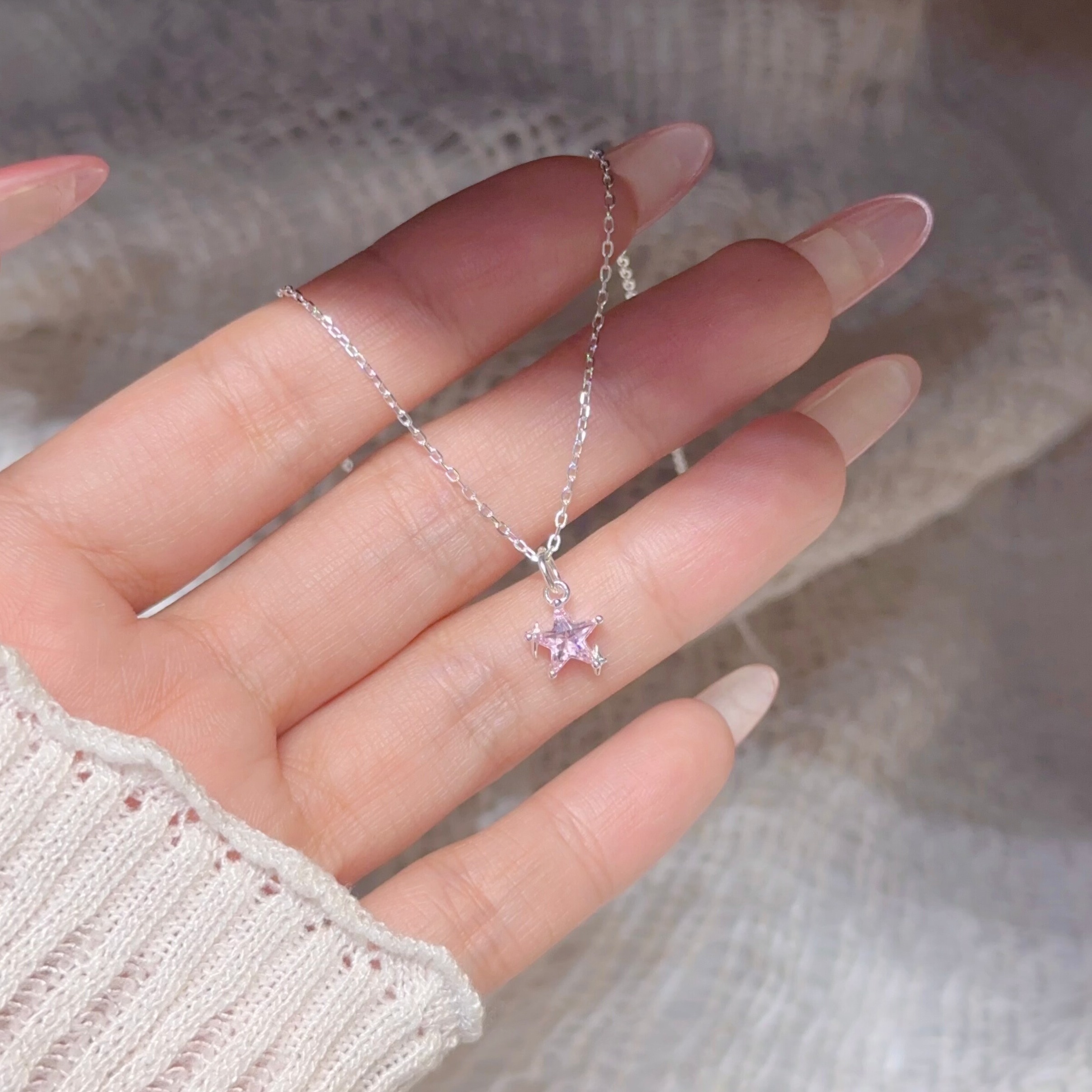 可爱粉钻小星星纯银项链送闺蜜