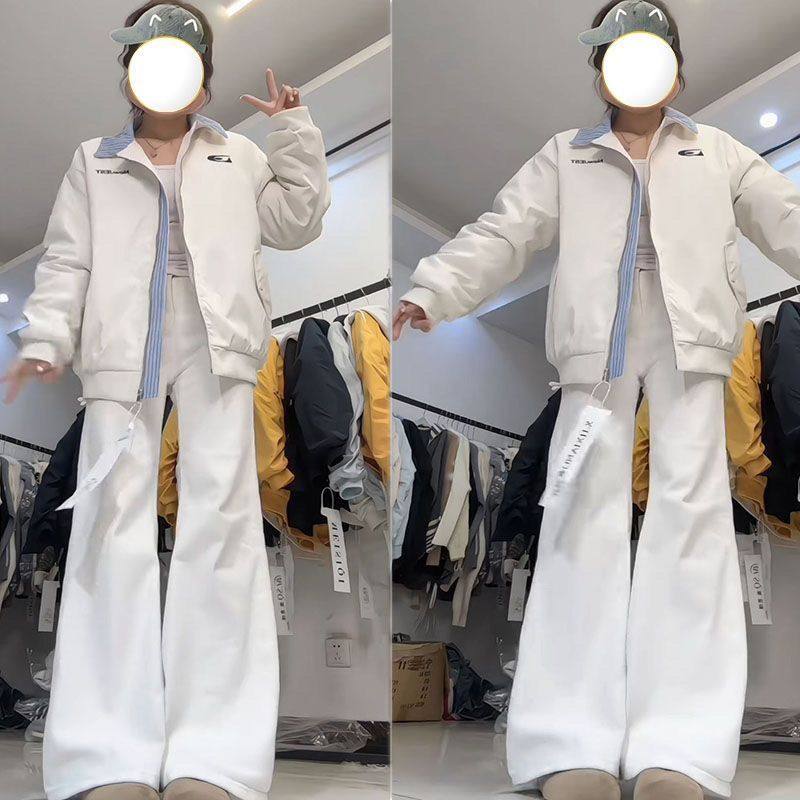 秋冬菱格二棉加厚美式复古绣花假两件翻领棒球服男女保暖夹克外套