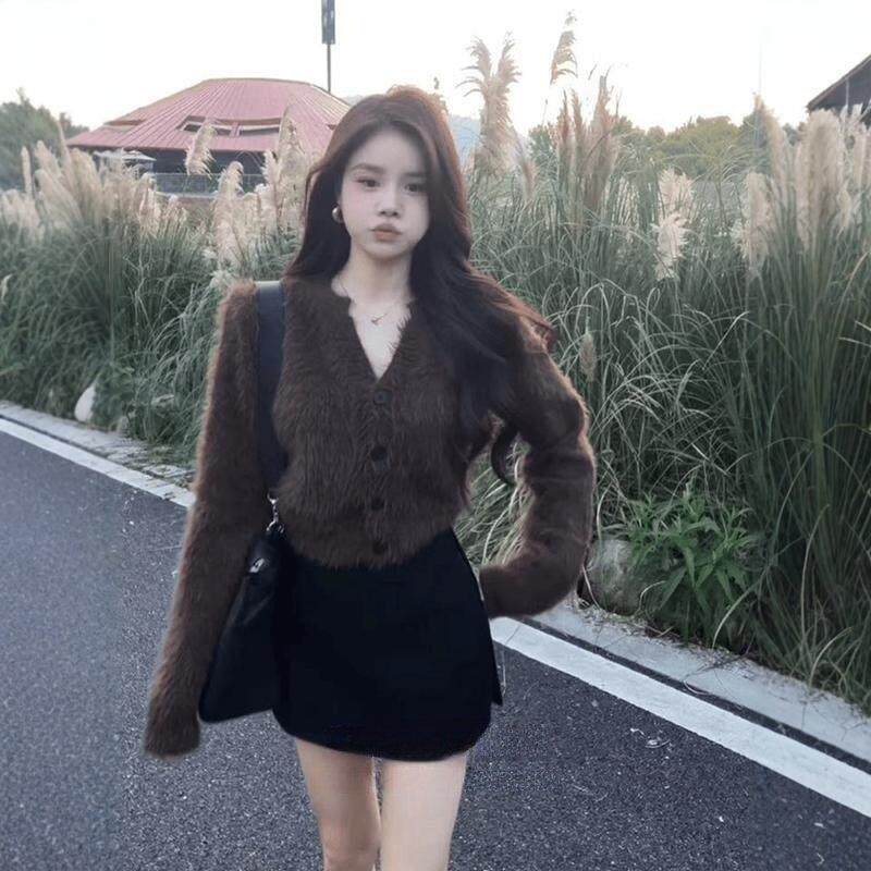 毛韩版时尚气质V领针织开ZXK-6902衫女冬新款加秋厚保暖短毛款绒