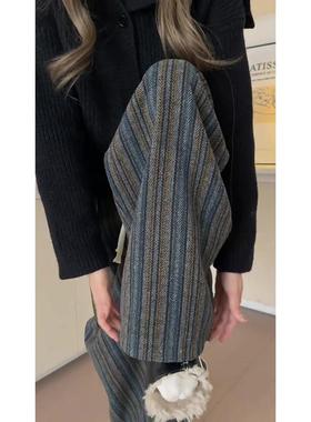 复古纹加厚绒裤子冬女秋季毛呢加L-70179L条慵懒风宽松直筒宽松休