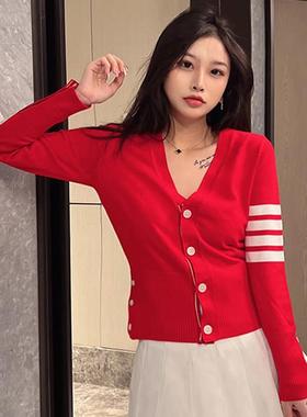 tb开 衫女毛衣短款外套红色身春V初灰色学院风2领针804织衫205上