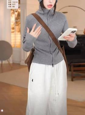 灰百NAR色双链拉高领开衫卫衣女2025套秋季新款设计感口袋搭显瘦