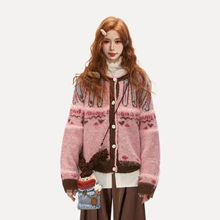 粉色费尔岛松提花毛衣外套女秋冬宽慵懒高级马dsgrdgvr感海织毛针