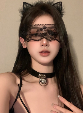 BXA高冷小猫头饰~万圣节服饰装扮黑色花纹发箍三件套纯欲眼罩项圈