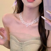 优雅香颂 法式 清冷气质水晶串珠项链多层编织蕾丝锁骨链配饰颈链