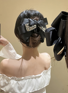 BXA千金智感~法式黑色镶钻蝴蝶结抓夹高级感后脑勺盘发鲨鱼夹发卡