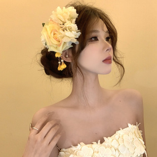 花房晴空~超仙黄色花朵流苏发夹侧边夹旗袍头饰度假拍照头花发饰