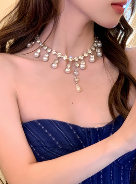 柔光香氛~超闪锆石水滴珍珠项链女气质宴会晚礼服颈链配饰锁骨链