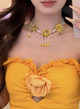 寇香黛丽~复古黄色水晶花朵锆石项链女轻奢宴会晚礼服锁骨链颈链
