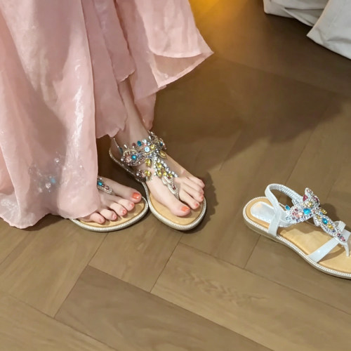波西米亚风水钻夹趾平底凉鞋女