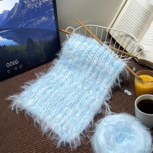 围巾毛线手工diy编织海烟波蓝长毛手混线席纹围脖材料包送男女友