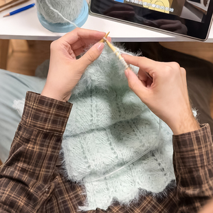 薄荷绿围巾毛线手工diy雪花纱羊毛波浪围脖自己编织送男女友礼物