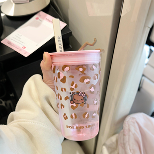 豹纹吸管杯女生高颜值夏日办公室咖啡冷泡茶杯大容量学生上学专用