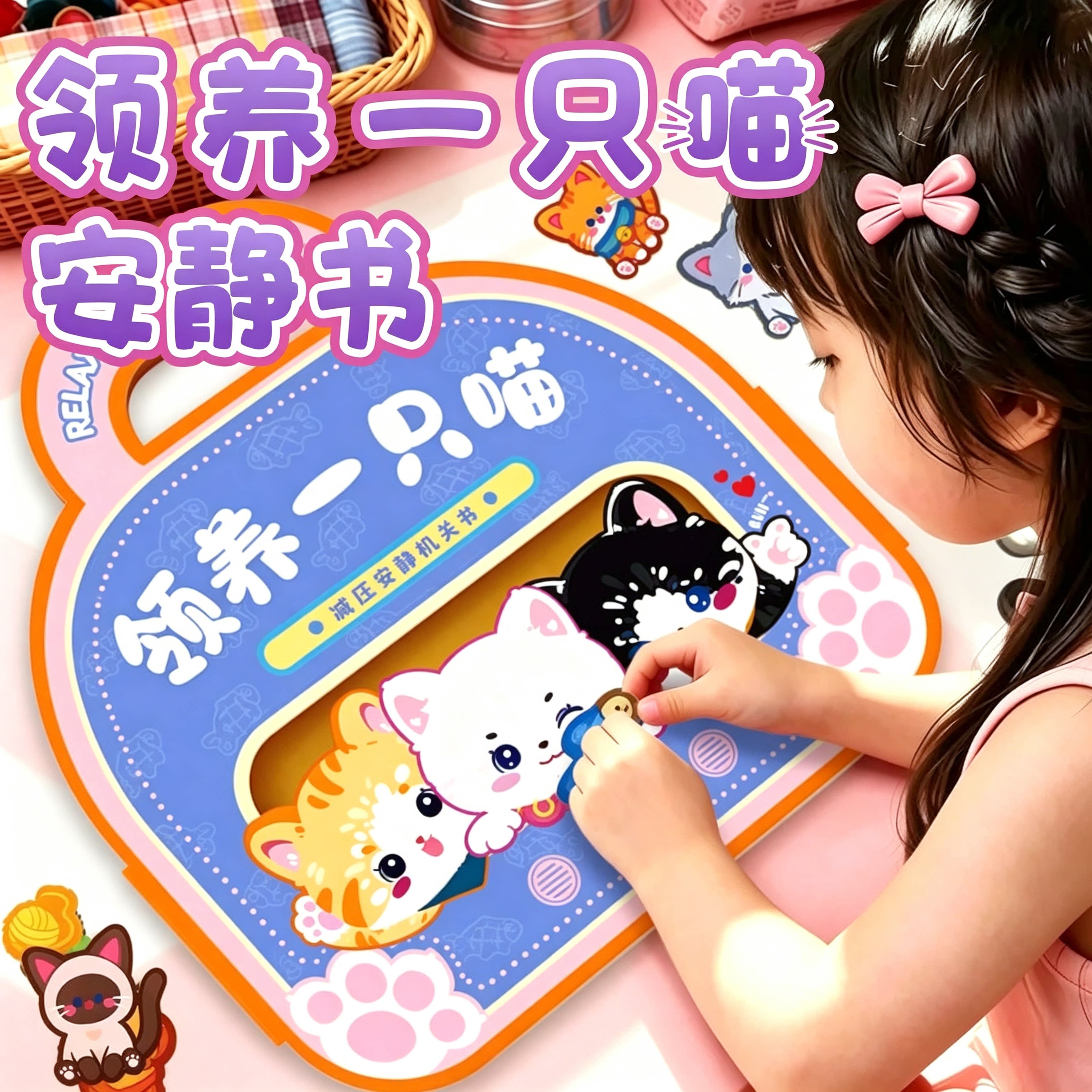 小猫安静书女孩领养一只猫咪玩具儿童果冻贴纸2026新款六一节礼物