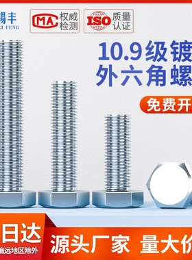 10.9级镀锌外六角螺丝螺栓加长全牙半牙螺杆螺钉M10M12M16M20M30