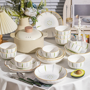 绿色田园风碗碟套装家用陶瓷餐具乔迁盘碟彩釉高温礼品碗组合下