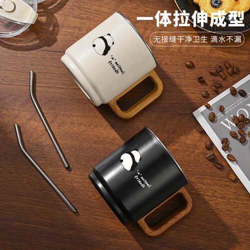 通304不卡锈钢马克杯层隔大容量便携密封咖木纹咖啡啡杯双带盖带