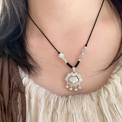 足银999转动莲花平安锁纯银吊坠民族风编织银项链新中式银锁礼物