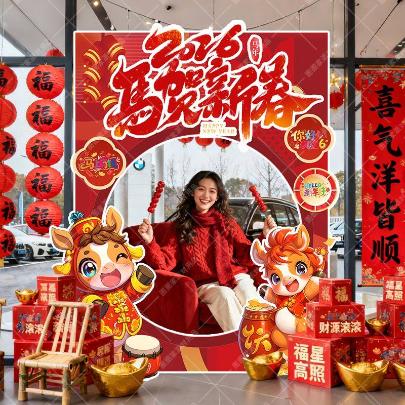 2026马年商场店铺活动布置拍照相框KT板新年春节4S店氛围装饰打卡