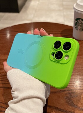 U记ins风渐变色磁吸手机壳适用苹果15plus手机壳iPhone14promax简约13pro时尚12个性11带镜头膜magsafe软壳