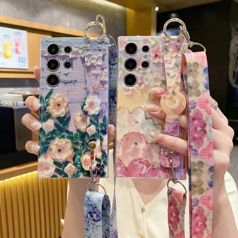 U记腕带手机壳适用iphone15promax蓝光水钻14plus油画花朵苹果13mini少女12时尚11pro挂绳xr创意小清新保护壳