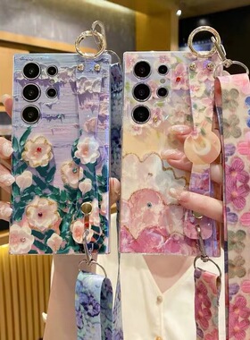 U记腕带手机壳适用iphone15promax蓝光水钻14plus油画花朵苹果13mini少女12时尚11pro挂绳xr创意小清新保护壳