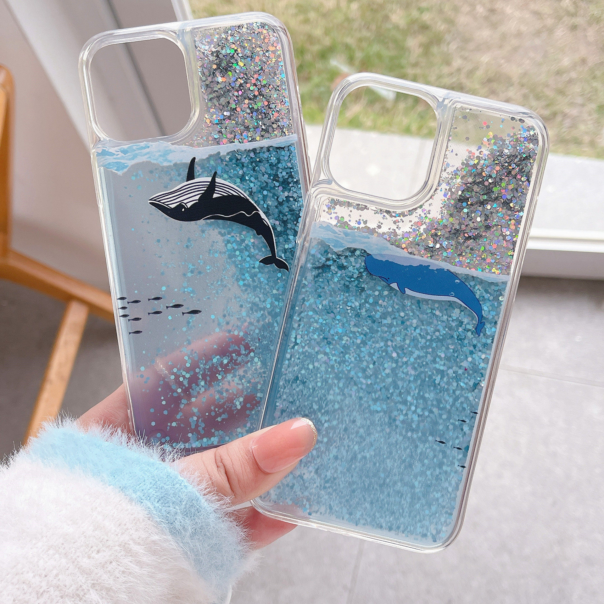 液体闪粉流沙小清新蓝苹果tpu壳