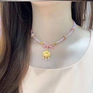 手工编织在逃公主项链编绳半成品可穿珠平安扣黄金吊坠粉色蝴蝶结