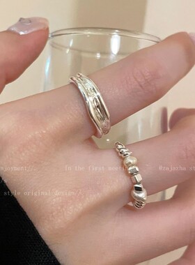 珍珠碎银子戒指女生2025小众设计轻奢高级感食指戒粗胖手大号指环