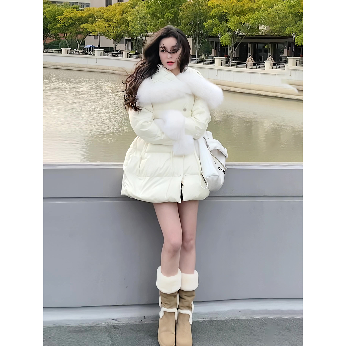 大毛领面包服加厚连帽外套女