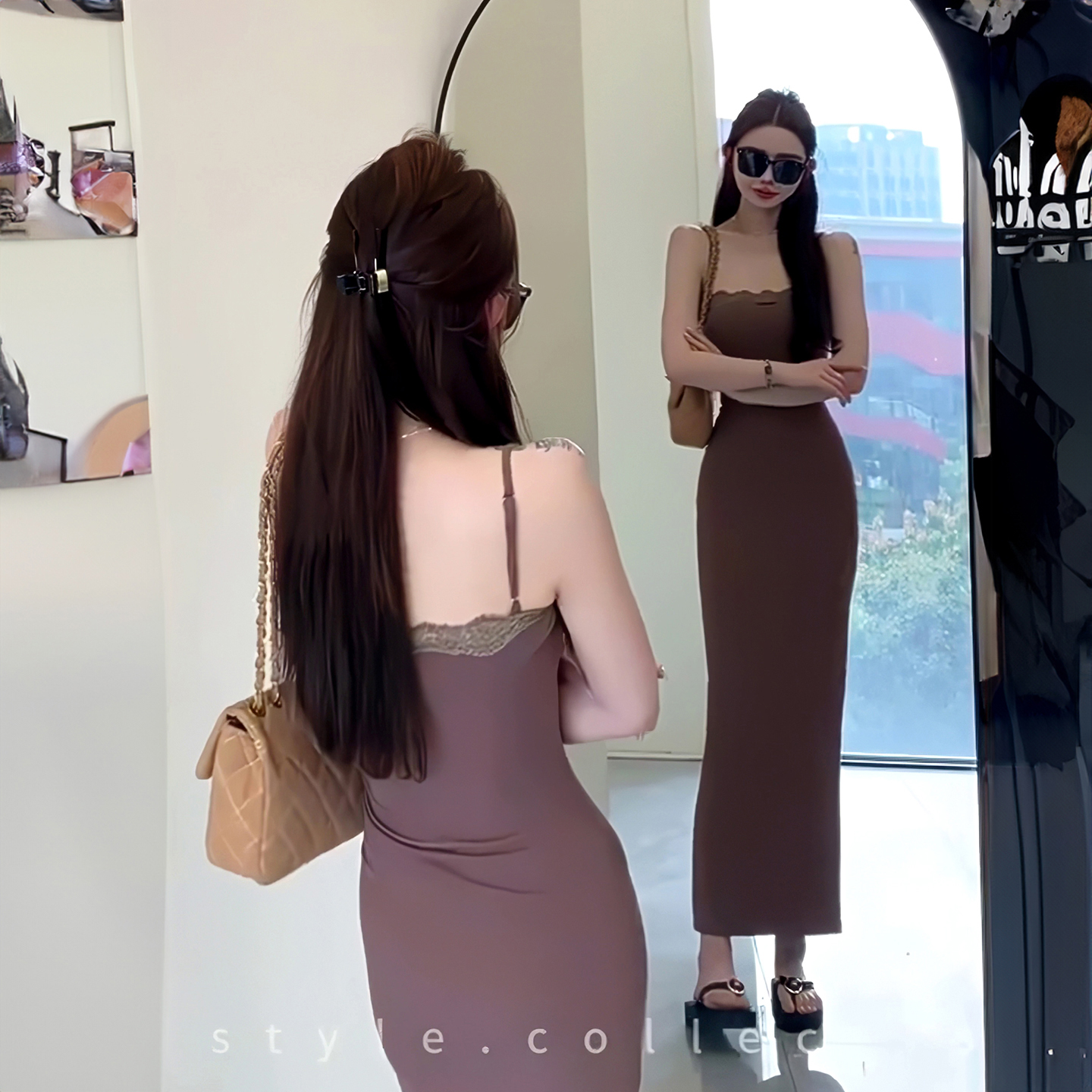 纯欲领口蕾丝拼接吊带连衣裙女