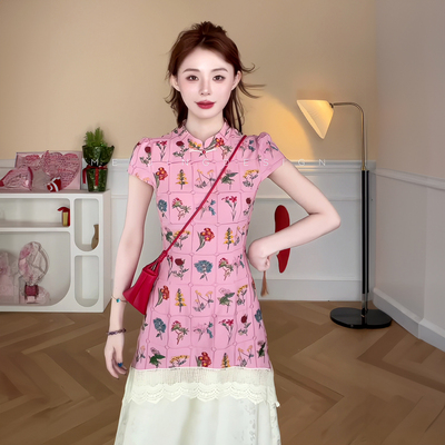 粉色碎花拼接连衣裙女