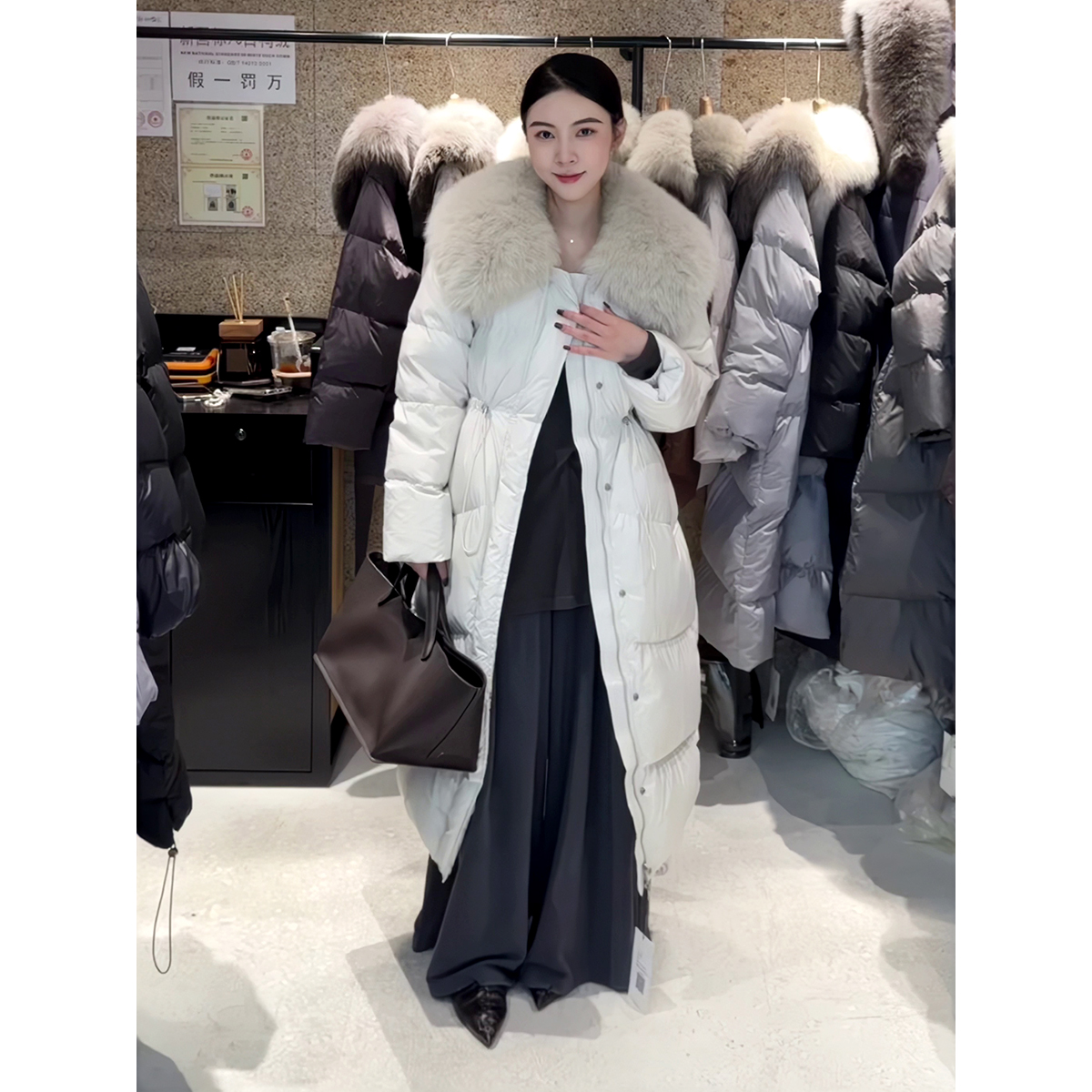 韩国原版狐狸毛羽绒服女中长款