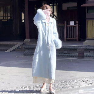 2026冬季网红新款加厚拉绒中长款大衣女高级感女神范蓝色显瘦外套