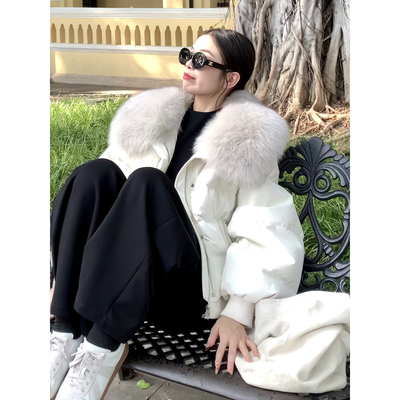 可脱卸狐狸毛大毛领短款羽绒服