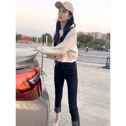 小个子上衣女长袖秋冬加绒加厚韩版宽松休闲套头圆领刺绣短款卫衣