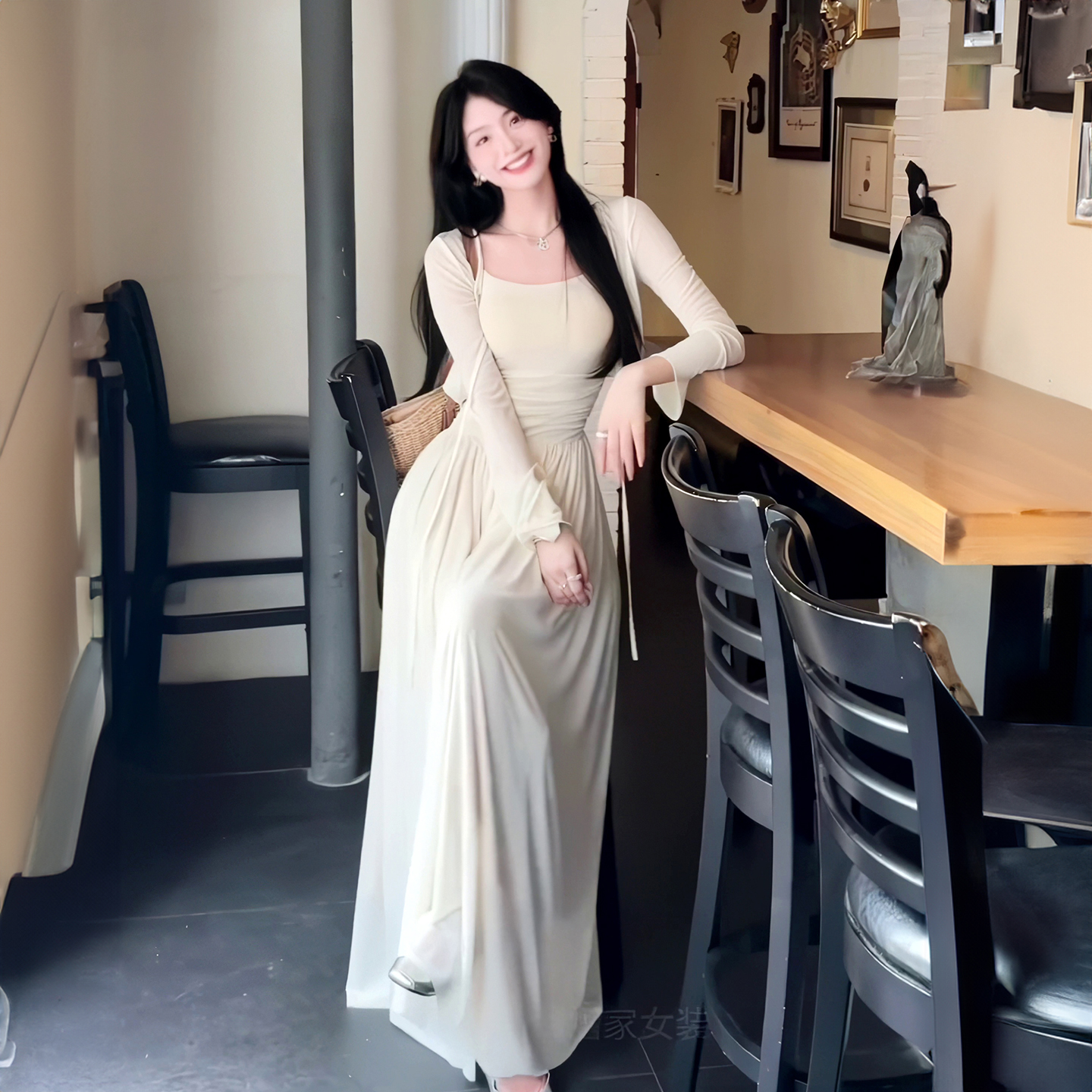 夏季温柔风薄纱外套吊带裙两件套修身收腰连衣裙气质a字裙长裙女