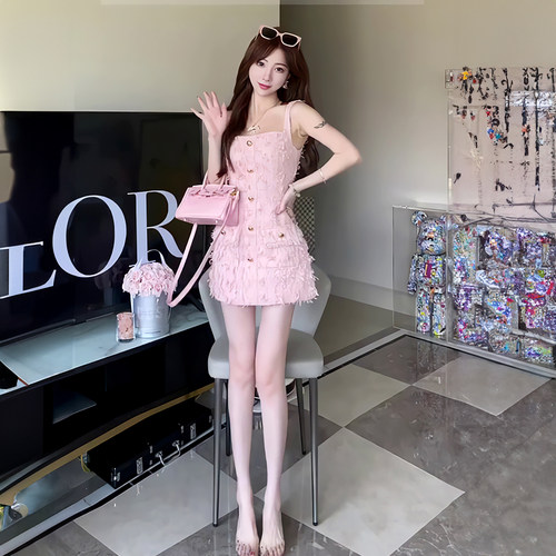 法式甜美小香风流苏无袖吊带裙