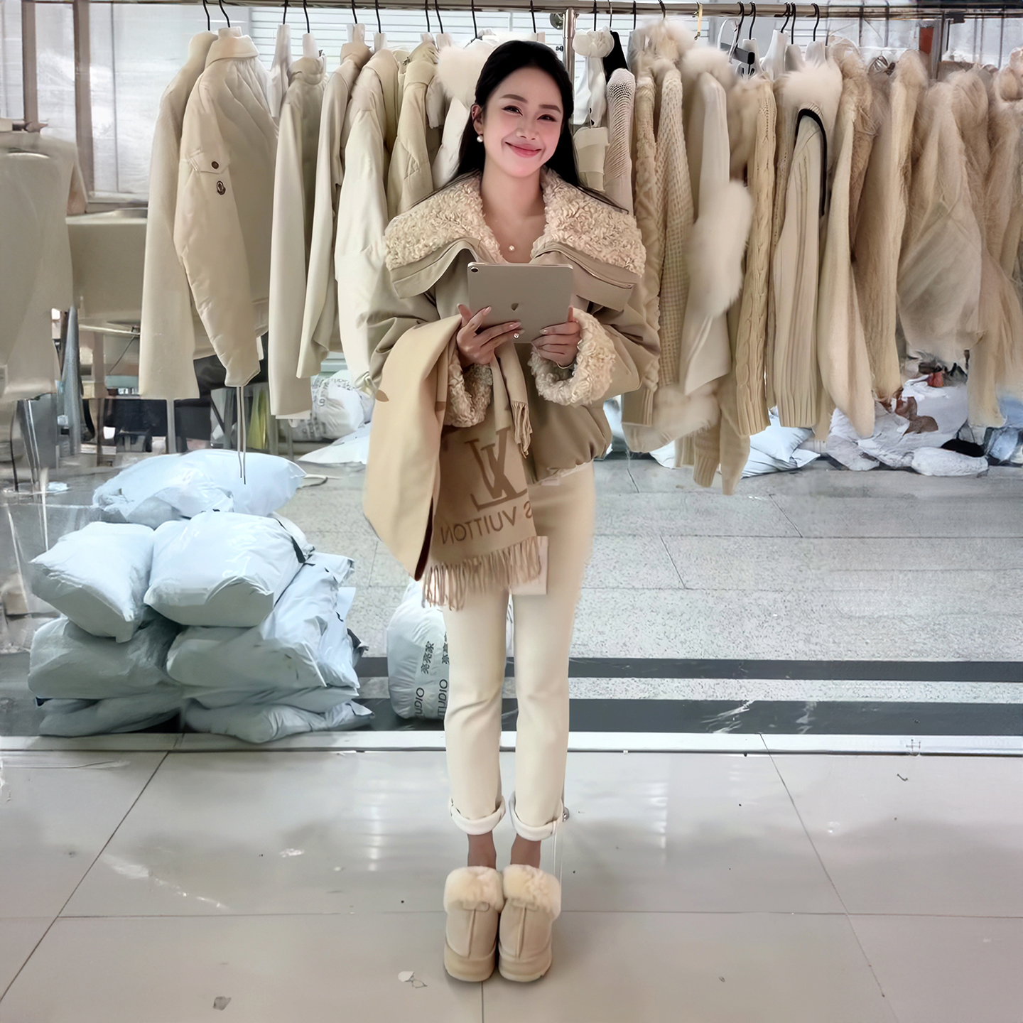 大翻领羊羔毛棉服棉衣女短款