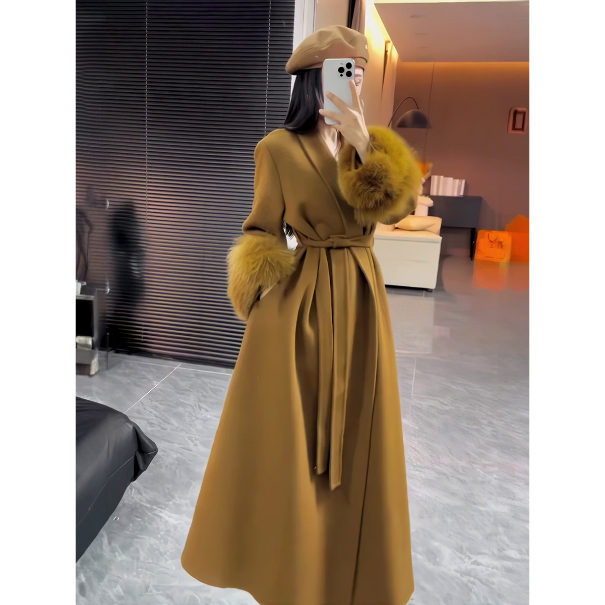 欧美大牌气质羊绒狐狸毛袖口羊毛双面呢大衣女纯手工新款系带大衣