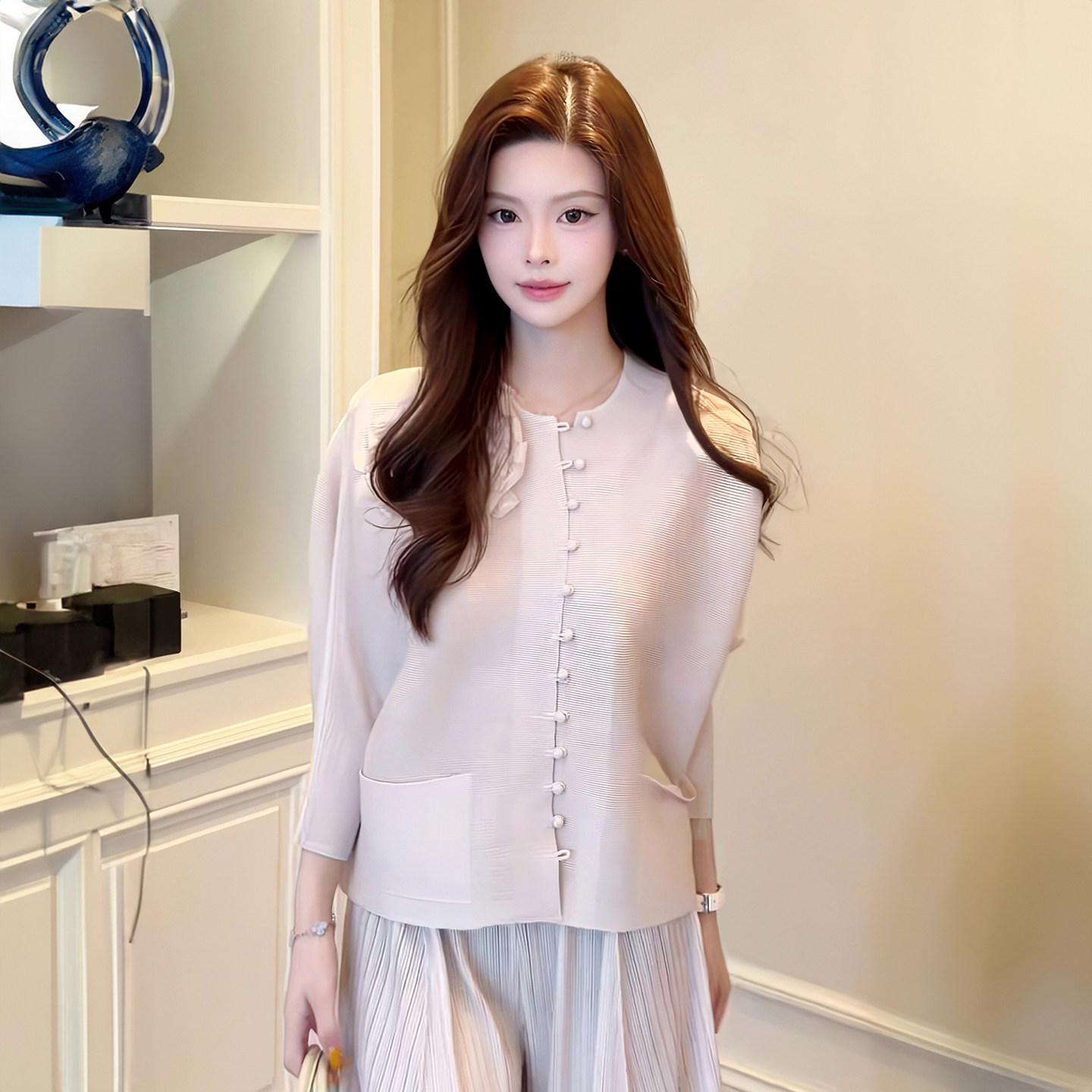 高级感巨好看小香风淡粉色针织开衫外套立体花朵粉色套装裤