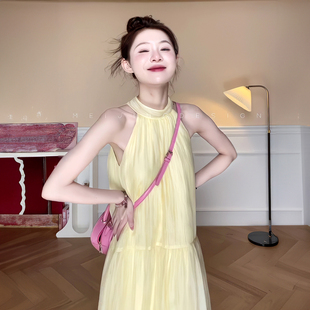 甜美温柔风挂脖无袖 小个子超仙气质显瘦纯色裙子 连衣裙女夏季 新款