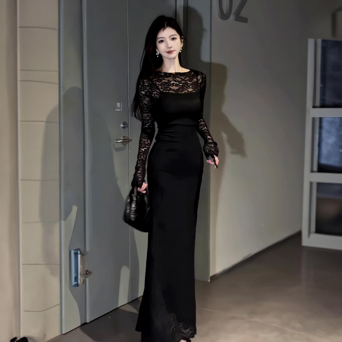 秋季法式高级感黑色长袖连衣裙女